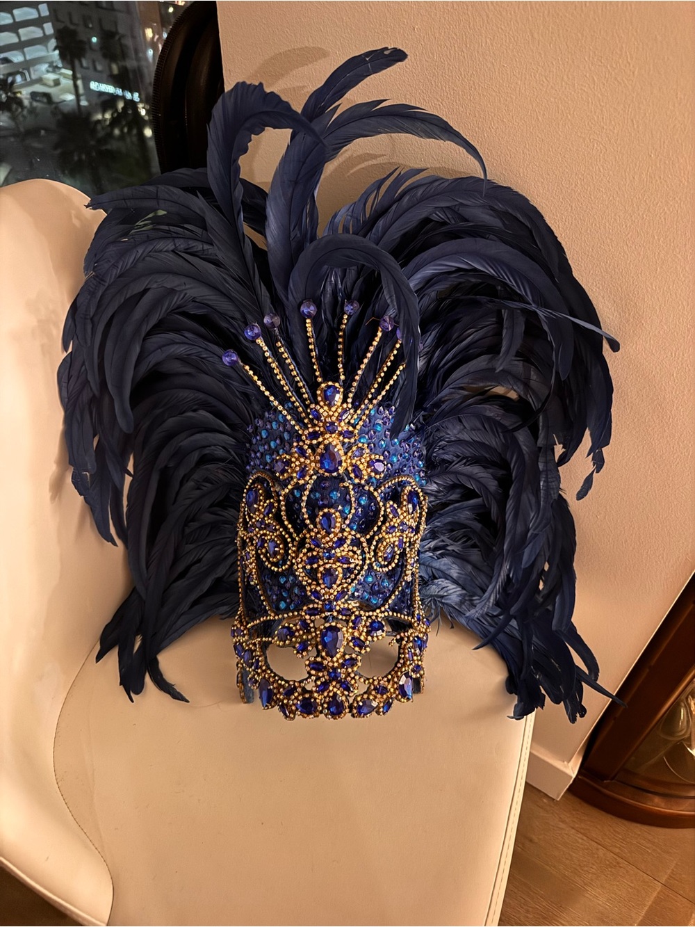 Luxurious Navy Feather and Jewel Carnaval headpiece